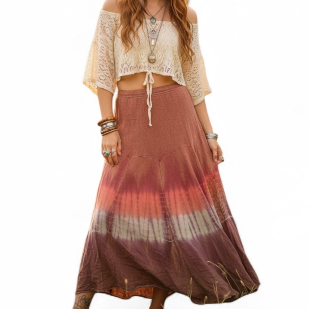 Vintage Tie Dye Maxi Skirt Pink Brown Boho Hippie Nepal Asymmetrical M L Stretch